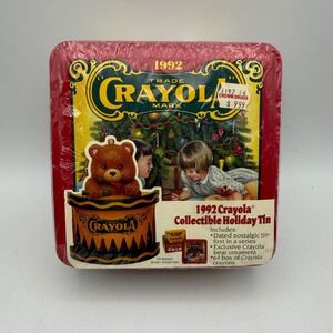 Crayola Collectible Holiday Tin Red 1992 Bear Ornament 64 Crayons NIB Nostalgia